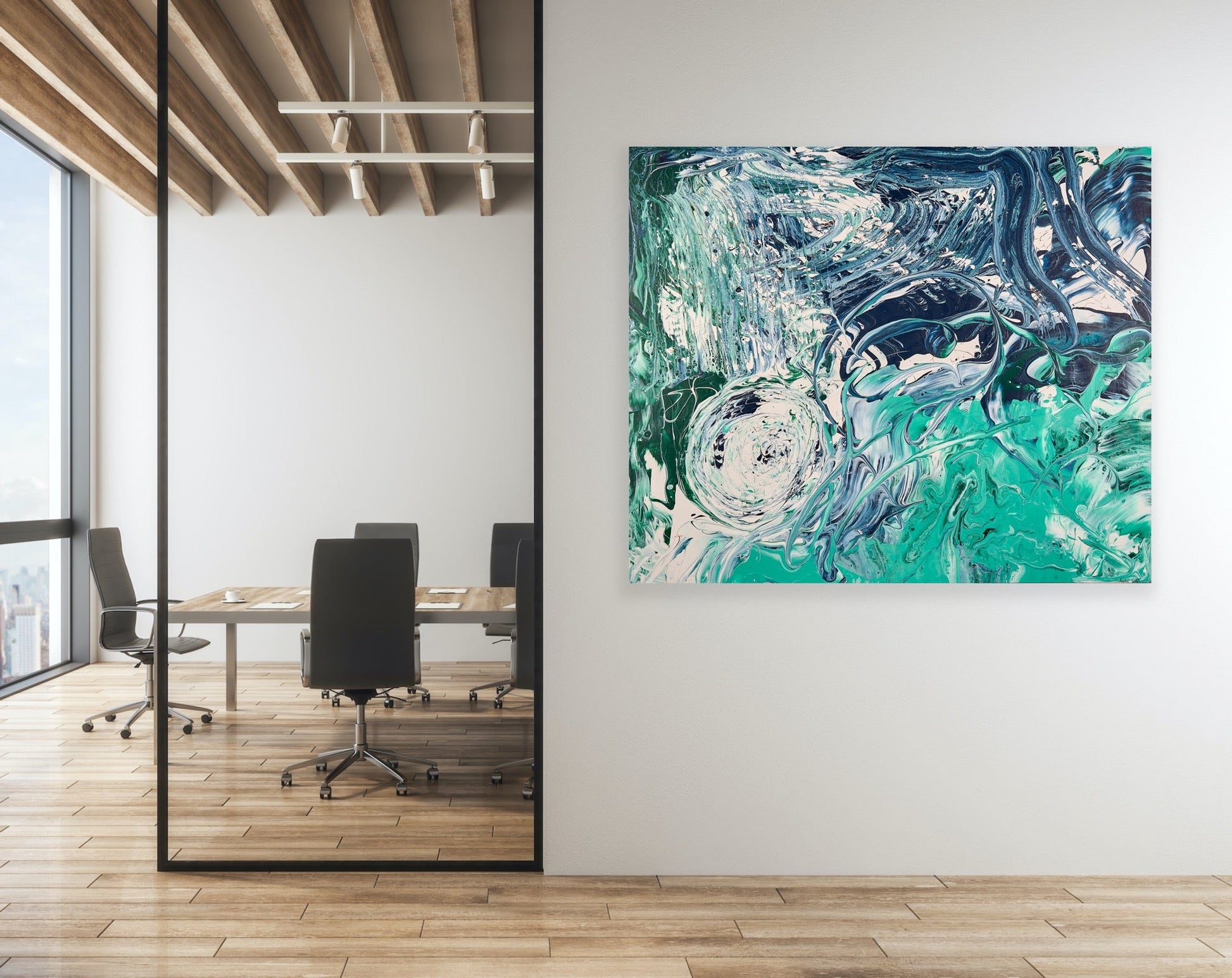Stort abstrakt maleri til kontoret. Mye bevegelse, kunst med sjel. Spirituelt bilde. 
