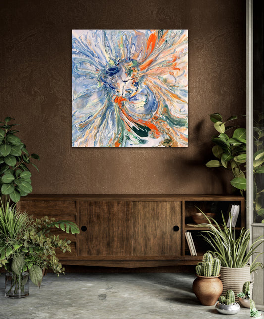 Stort fargerikt maleri av løve. Stort kunstverk til stuen. Kunst til salgs.