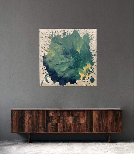 Stort fargerikt maleri som harmonerer med veggen. Original kunst av Bergenskunster Naysha. 