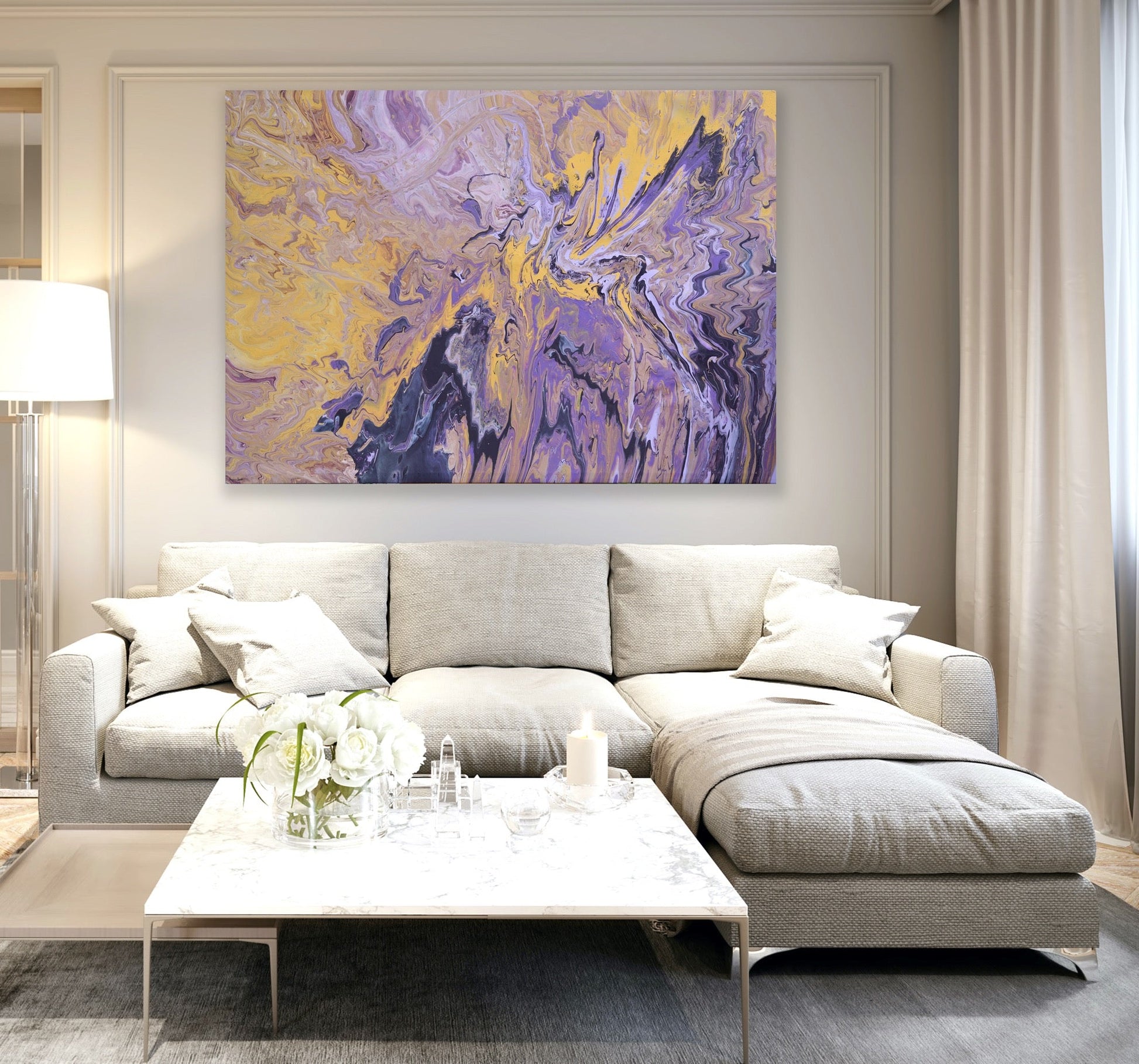 Stort kunstverk til stuen. Kraftfullt og fargerikt maleri. Original kunst til salgs. 