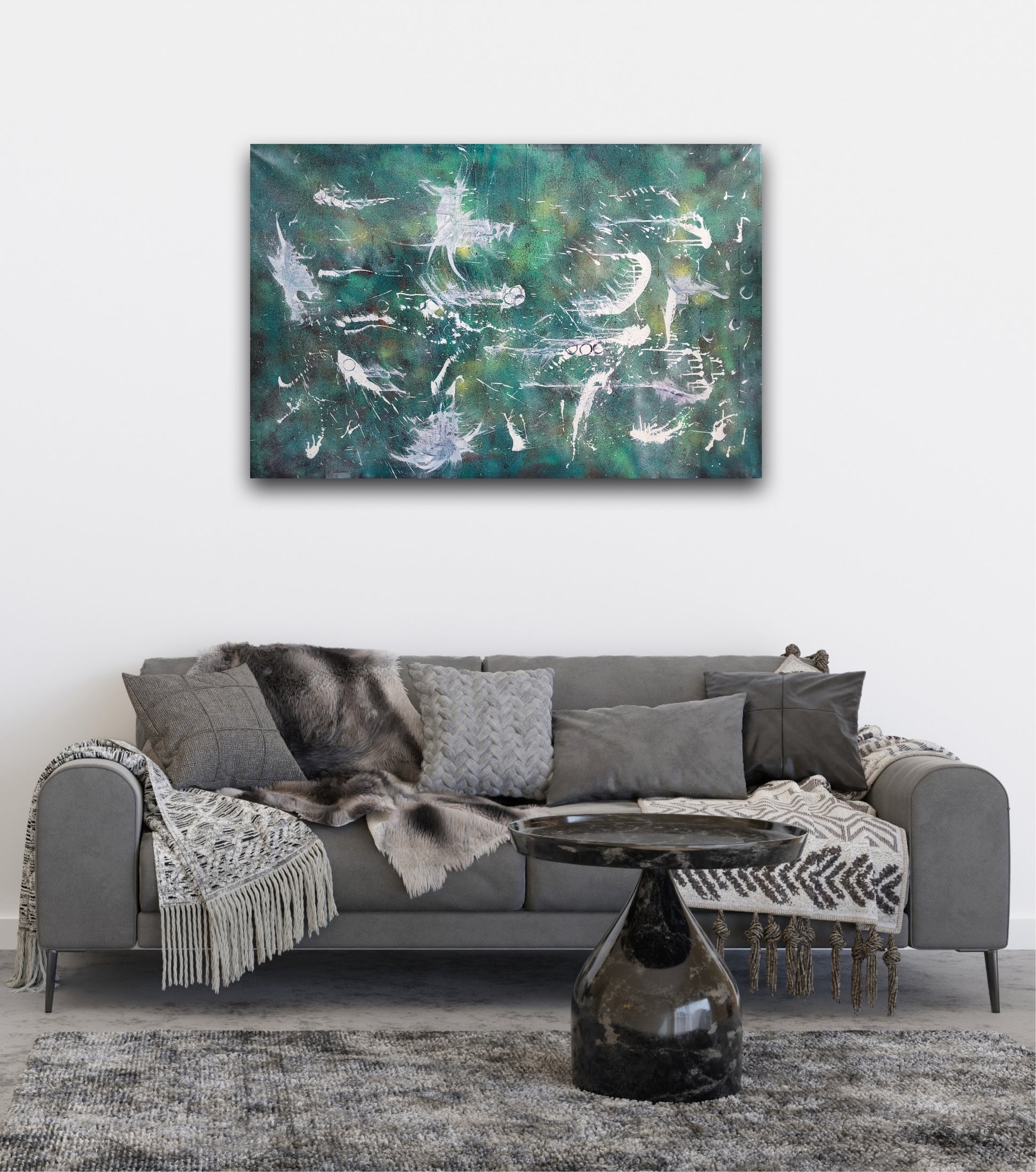 Stort maleri til over sofaen. Original kunst av bergenskunstner naysha.