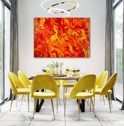 Stort maleri til stuen. Flamme maleri. Rødt, gult og oransje. Kunst av føniks. 