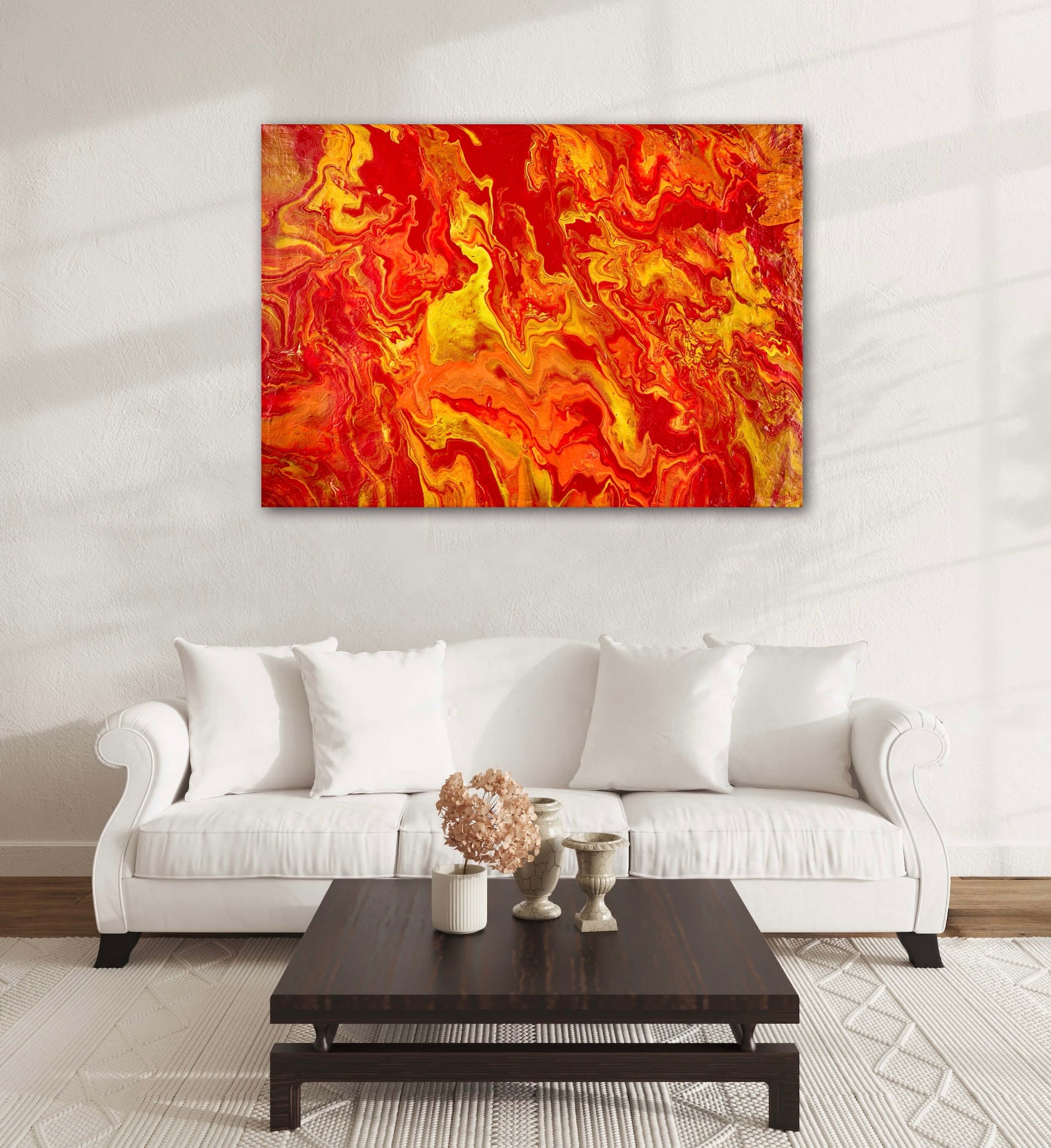 Stort maleri til stuen. Flamme maleri. Rødt, gult og oransje. Kunst av en føniks. 