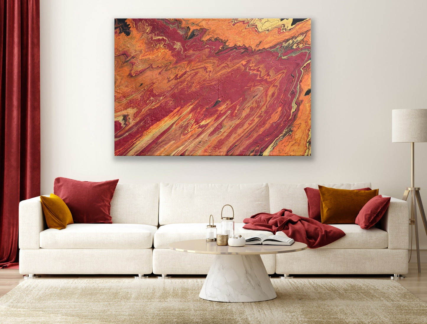 Stort rødt maleri til stuen. Original kunst til salgs. Maleri med sjel.