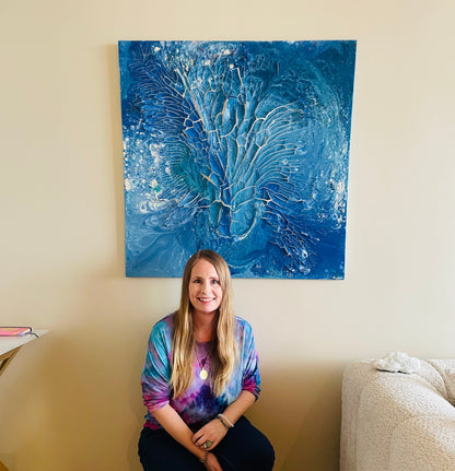 Unikt 3D kunstverk til stuen. Stort blått maleri med sjel. Kjøp kunst i Bergen.