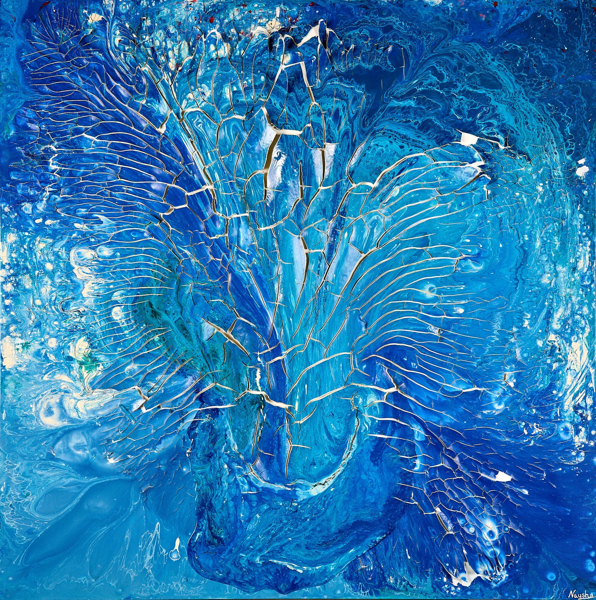 Unikt 3D kunstverk til stuen. Stort blått maleri med sjel. Kjøp kunst i Bergen.