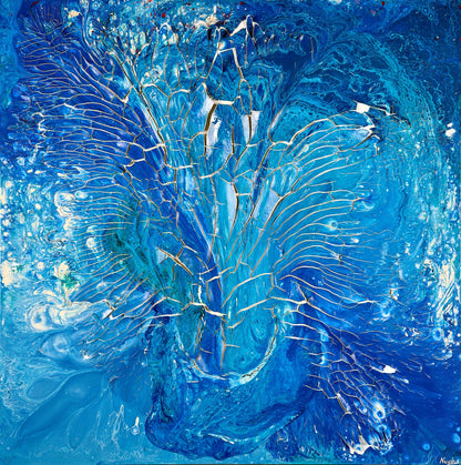 Unikt 3D kunstverk til stuen. Stort blått maleri med sjel. Kjøp kunst i Bergen.