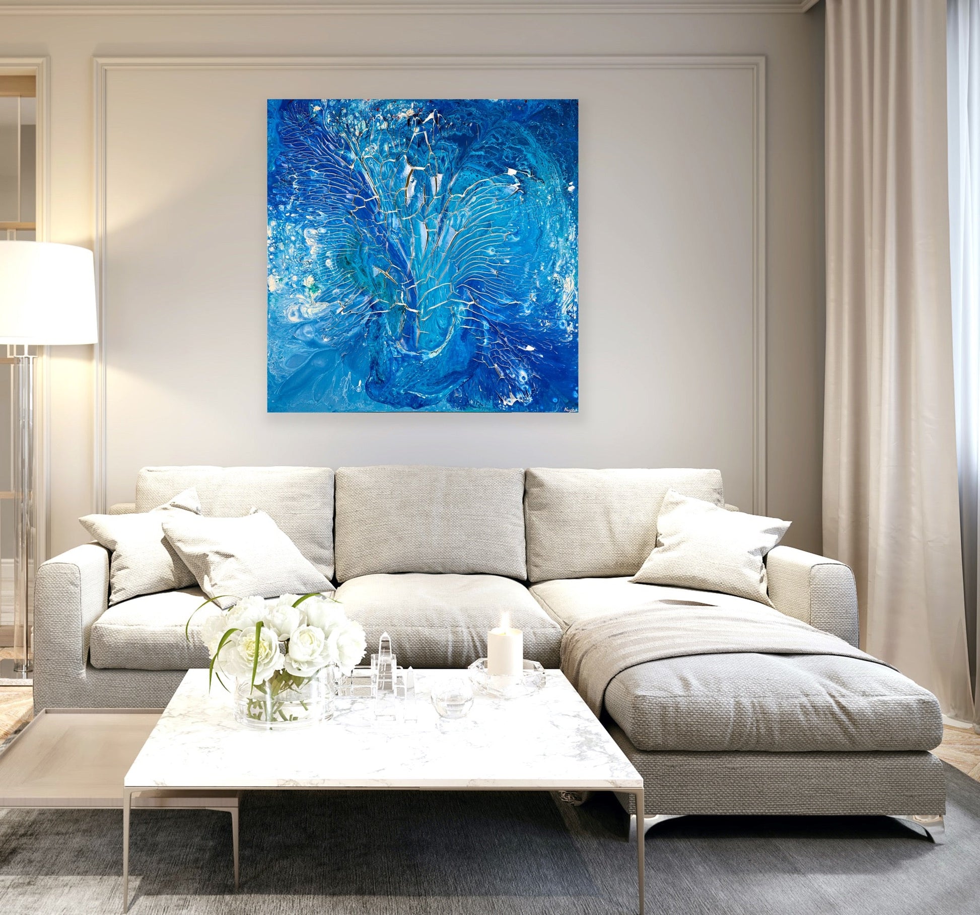 Unikt 3D kunstverk til stuen. Stort blått maleri med sjel. Kjøp kunst i Bergen.